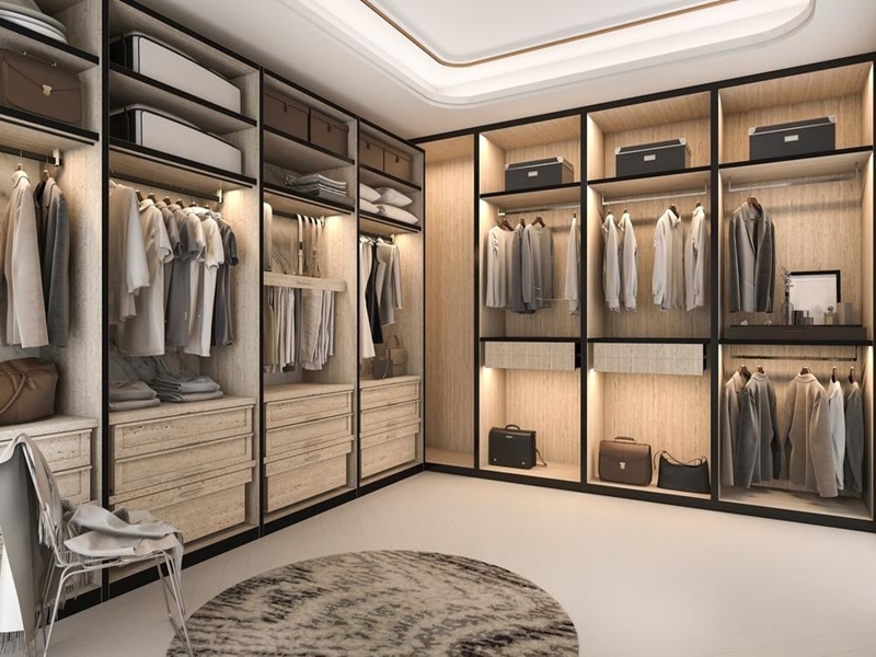 Low-luxury Elegant Solid Wood Walk-In Wardrobe na may Built-In Lighting