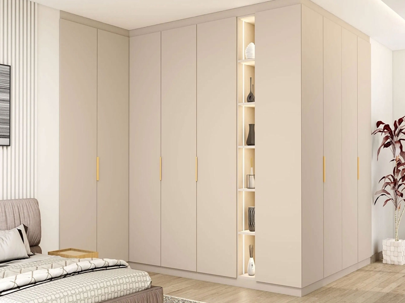 Sikat na Minimalist Wardrobe Cream White Lacquered Solid Wood Wardrobe na May Mga Disenyong Ilaw