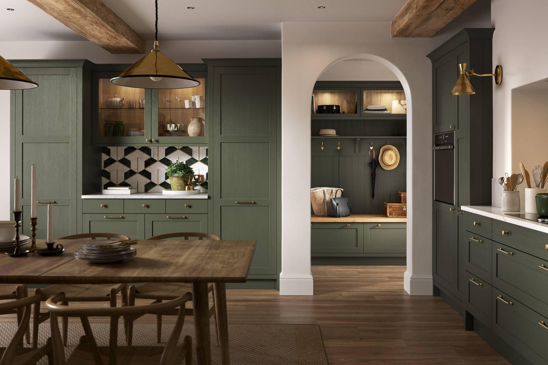 De-kalidad na Dark Green Lacquered Solid Wood Kitchen Cabinets na may Gold Pulls