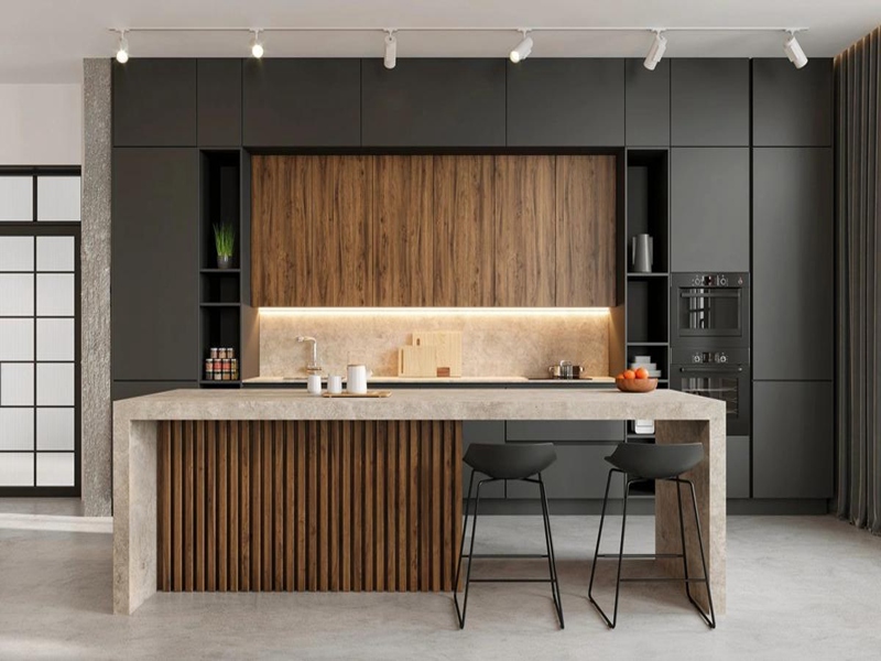 High End Custom Black Lacquered Solid Wood Kitchen Cabinets na may Oak Veneer Kitchen Island Designs
