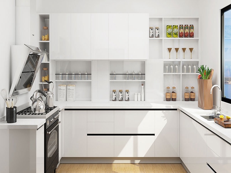 High Quality Modern Glossy White Lacquered Solid Wood Kitchen Cabinets With Black Pulls