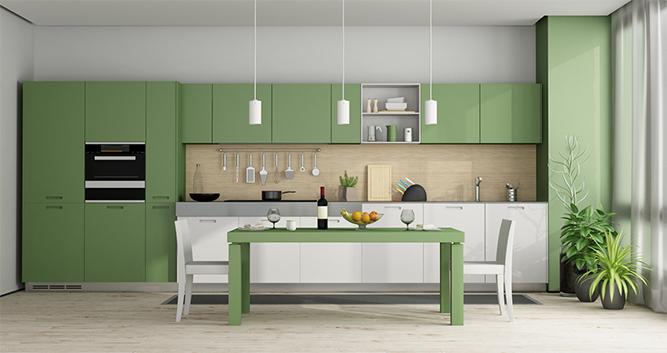 Minimalist na Green Lacquer Finish Flat Panel Kitchen Cabinets na may Ssolid Wood Countertop
