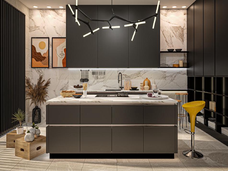 Naka-istilong Black Finished Flat Panel Kitchen Cabinets na may Patterned Quartzite