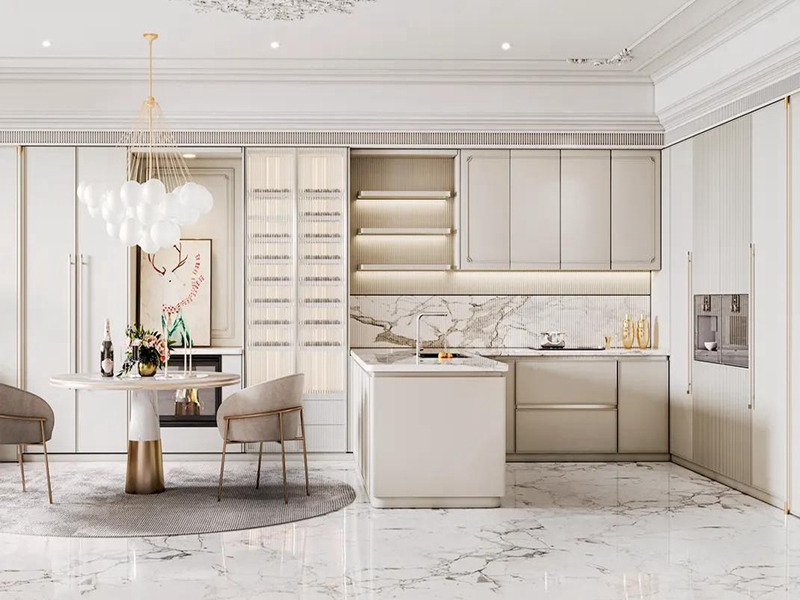 Light Luxury Style Solid Color Kitchen Cabinets na may Light Bar Open Shelves