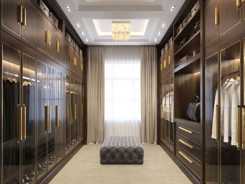 Modernong Luxury Walk-in Wardrobe na may Recessed Copper Stripe Patterned Panels