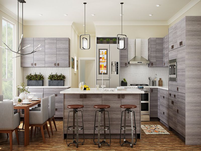 Minimalist Wood Grain Gray Solid Wood Kitchen Cabinets na may Kitchen Island Design