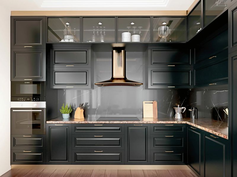 Classic Shaker Style Matte Black Lacquered Solid Wood Kitchen Cabinet na may Black Aluminum Framed Doors