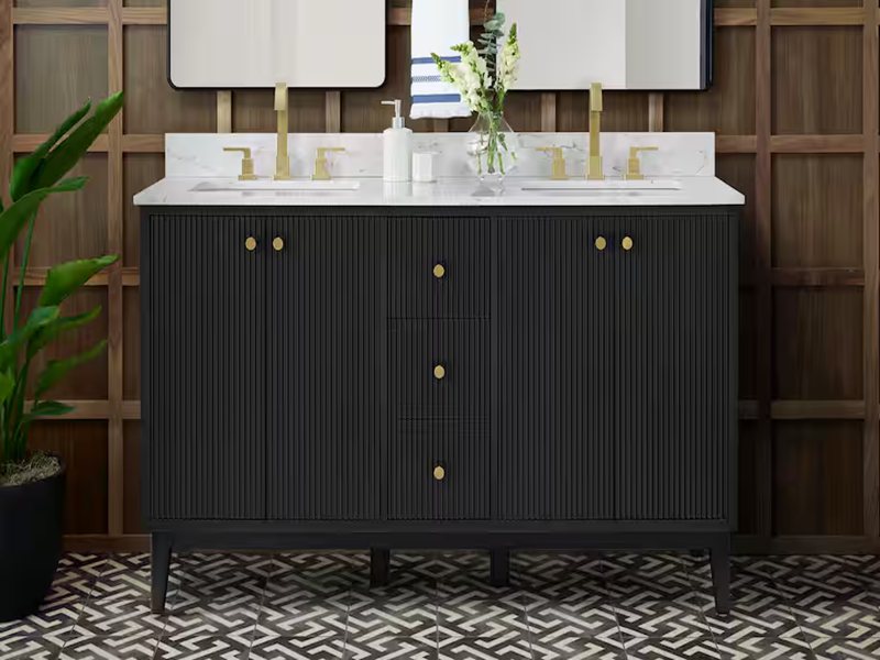 Modern Light Luxury Style Black Lacquered Solid Wood Bathroom Cabinet na may Fluting