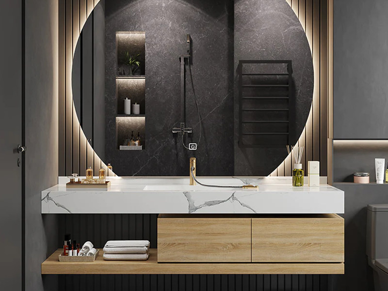 Minimalist Pullless Solid Wood Bathroom Cabinet na may Countertop Design