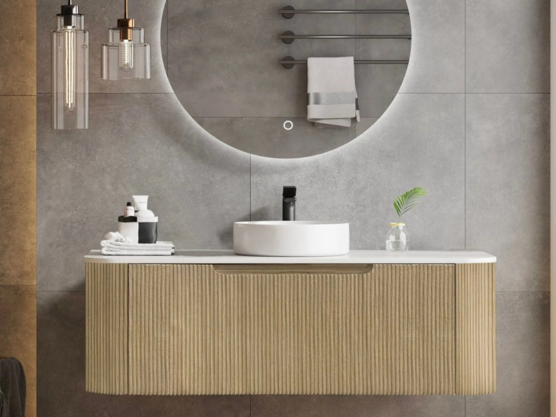 Modern Style Solid Wood Bathroom Cabinet na may Mga Alon sa Orihinal na Kulay na Kahoy