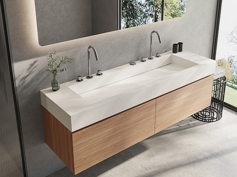 Modern Style Melamine Woodgrain Finish Solid Wood Bathroom Cabinet na may Integrated Sink Design