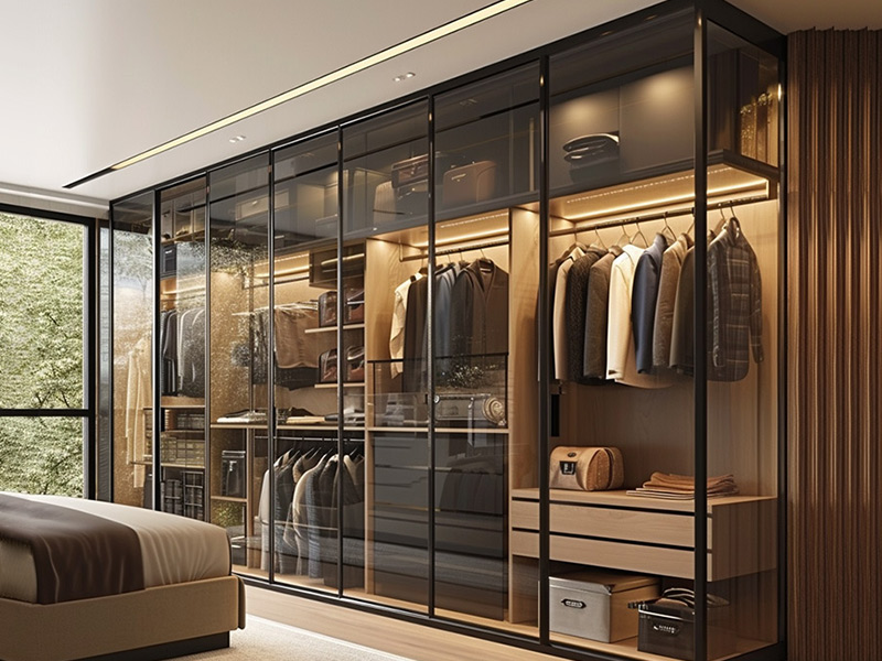 Luxury High End Modular Wooden Walk in Closets Hindi kinakalawang na asero Glass Door Bedroom Furniture Wardrobe na may Led Light