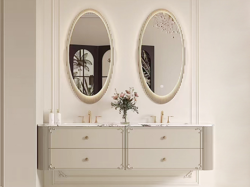 French Romantic Style High Luxury Glossy Wall Mounted Double Bathroom Vanity na may Characteristic Customized Mirror
