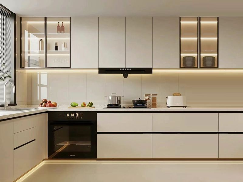 Presyo ng Pabrika Modernong L-Shaped Kusina Cupboard Simpleng Disenyo Matte Wooden Lacquer Cabinets na may LED Strip Light